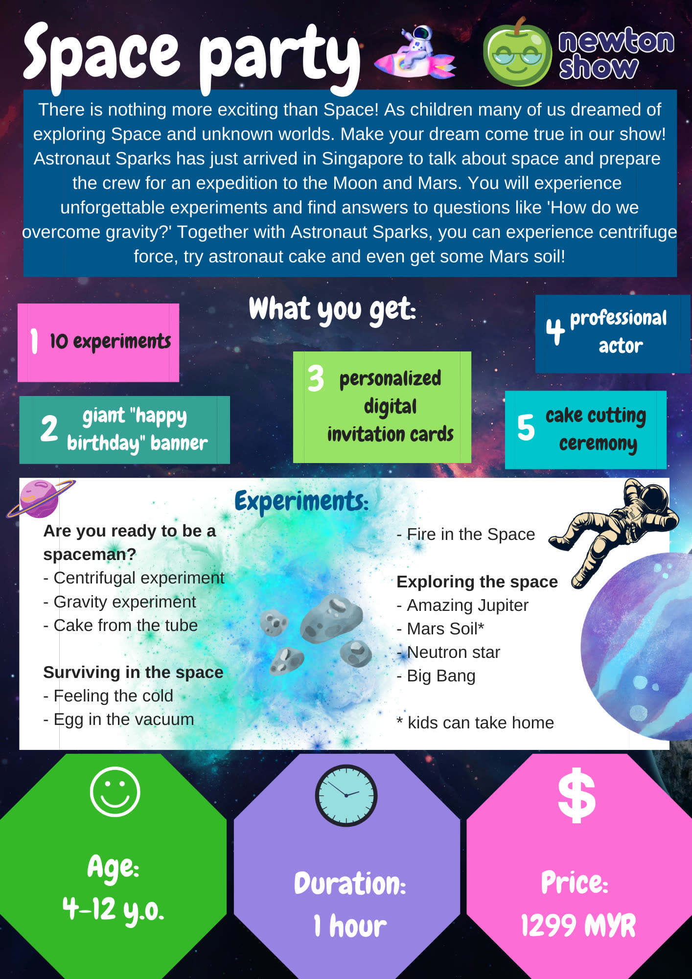 Space birthday party leaflet — page 1
