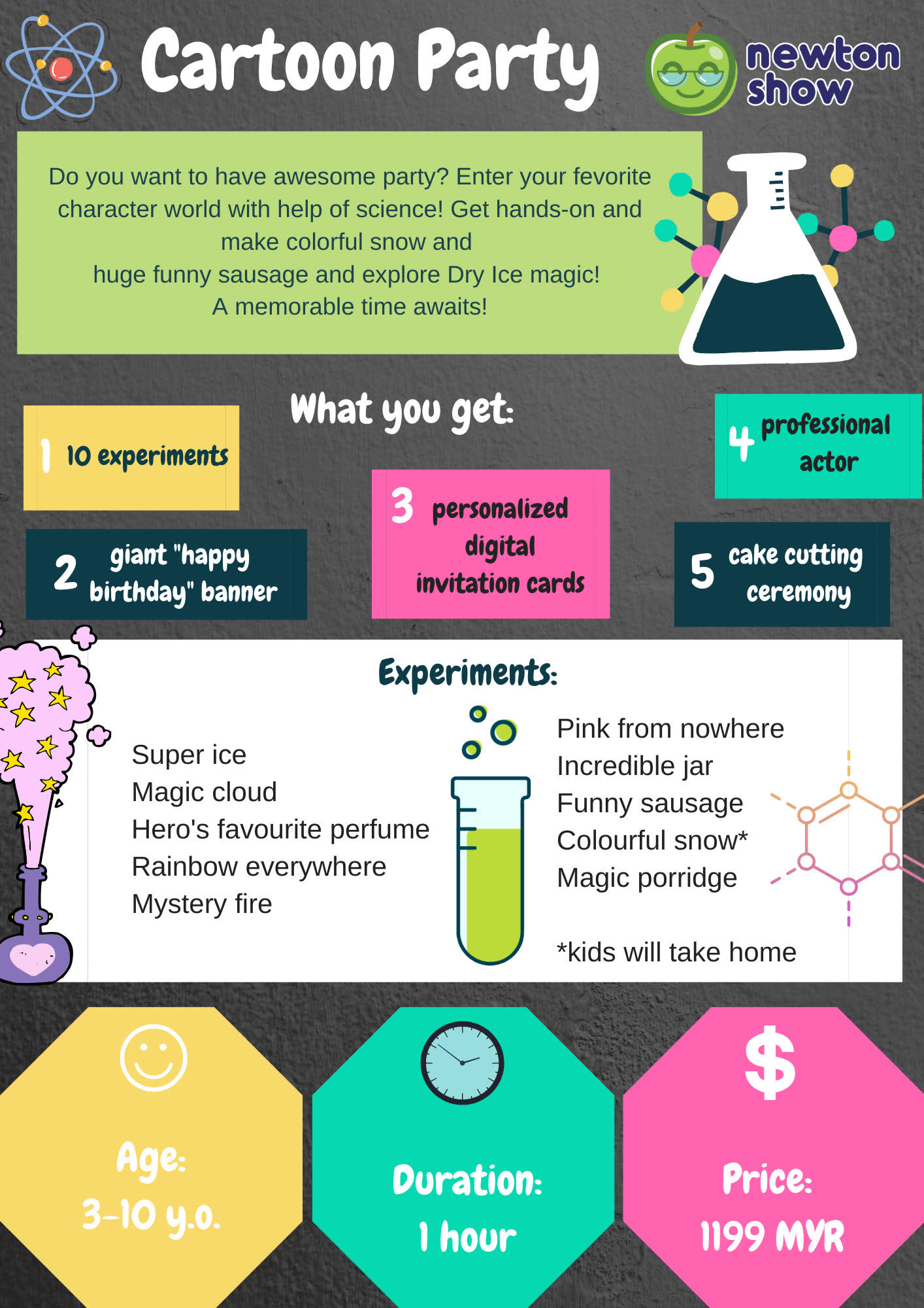 Cartoon birthday party leaflet — page 1