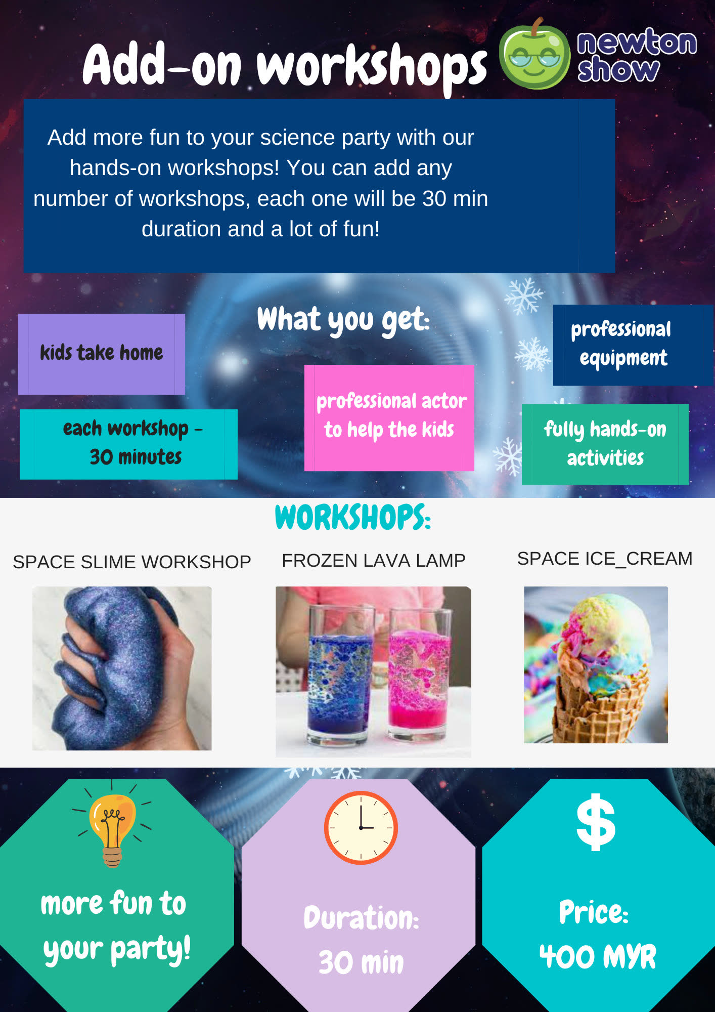 Space birthday party leaflet — page 2 (add-on workshops)
