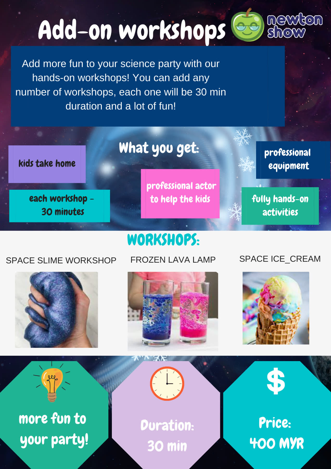 Space birthday party leaflet — page 2 (add-on workshops)