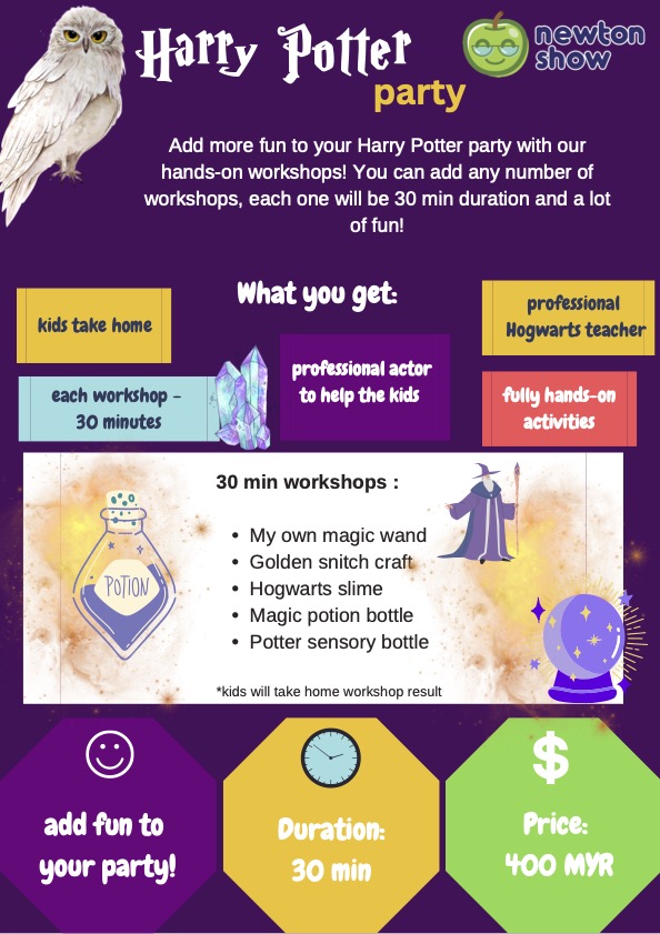 Wizard science birthday party leaflet — page 2 (add-on workshops)