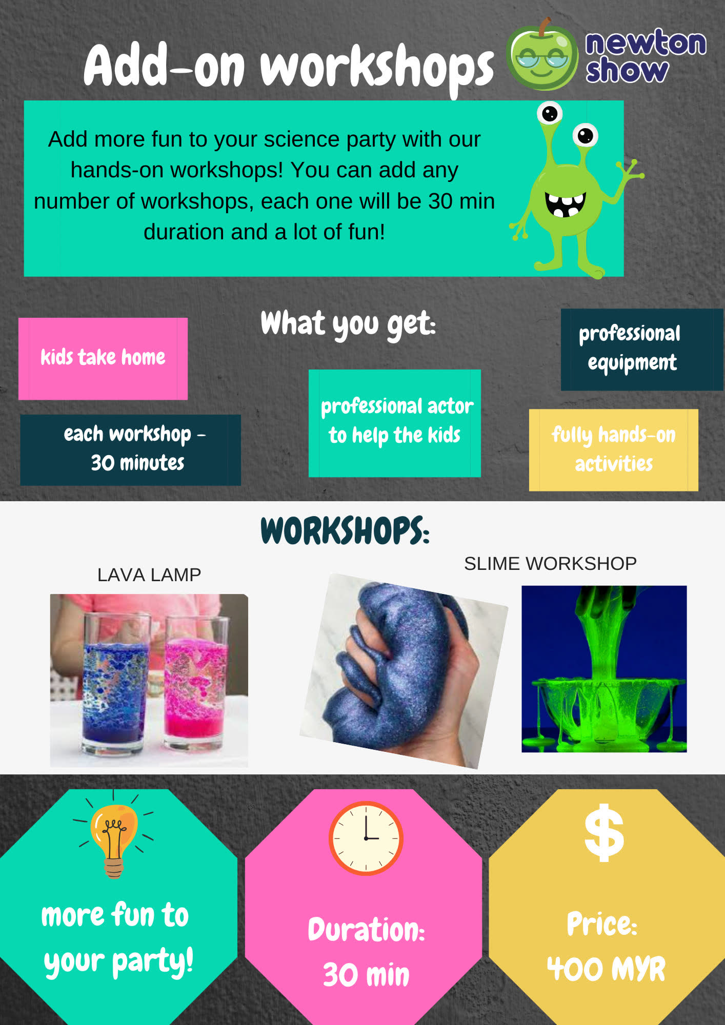 Cartoon birthday party leaflet — page 2 (add-on workshops)