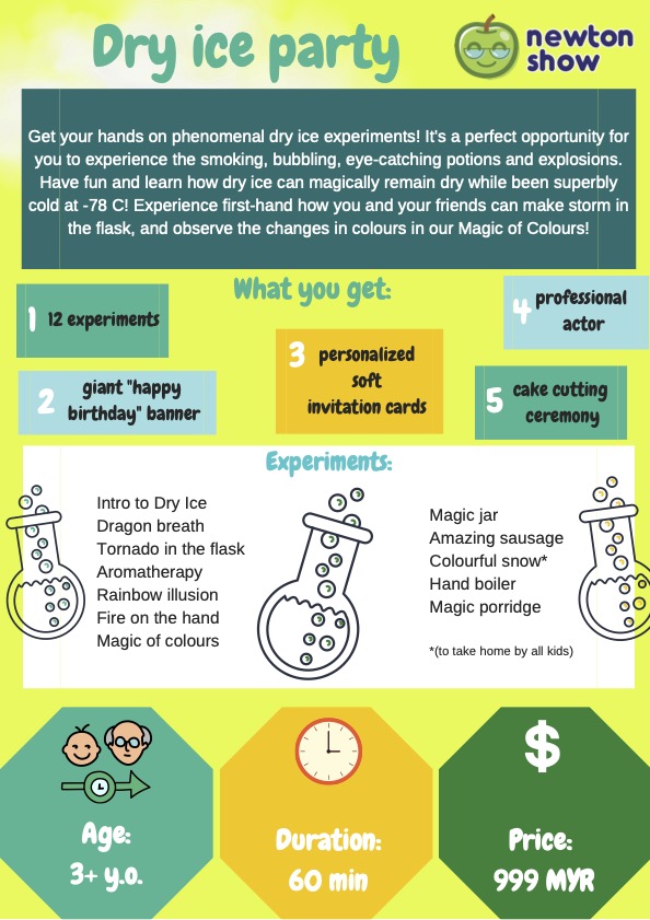 Dry Ice science birthday party leaflet — page 1
