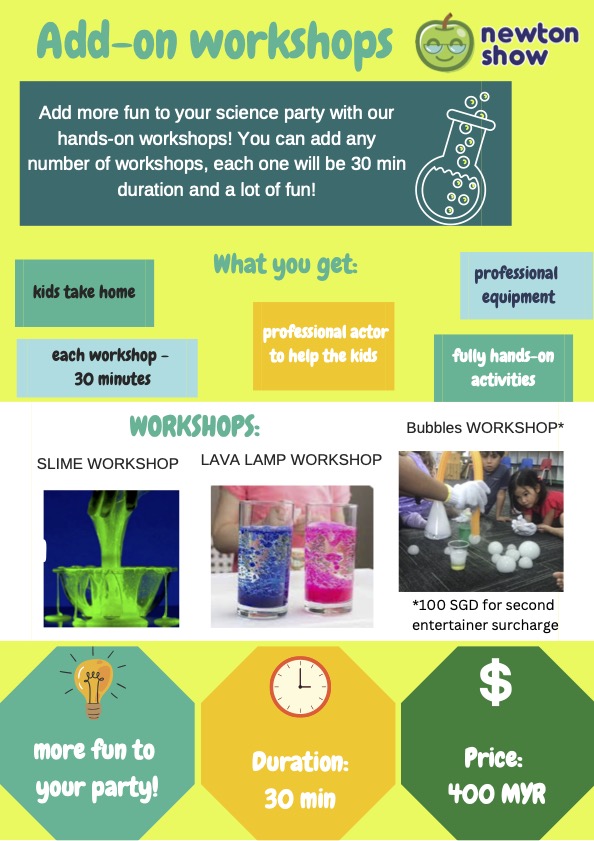 Dry Ice science birthday party leaflet — page 2 (add-on workshops)