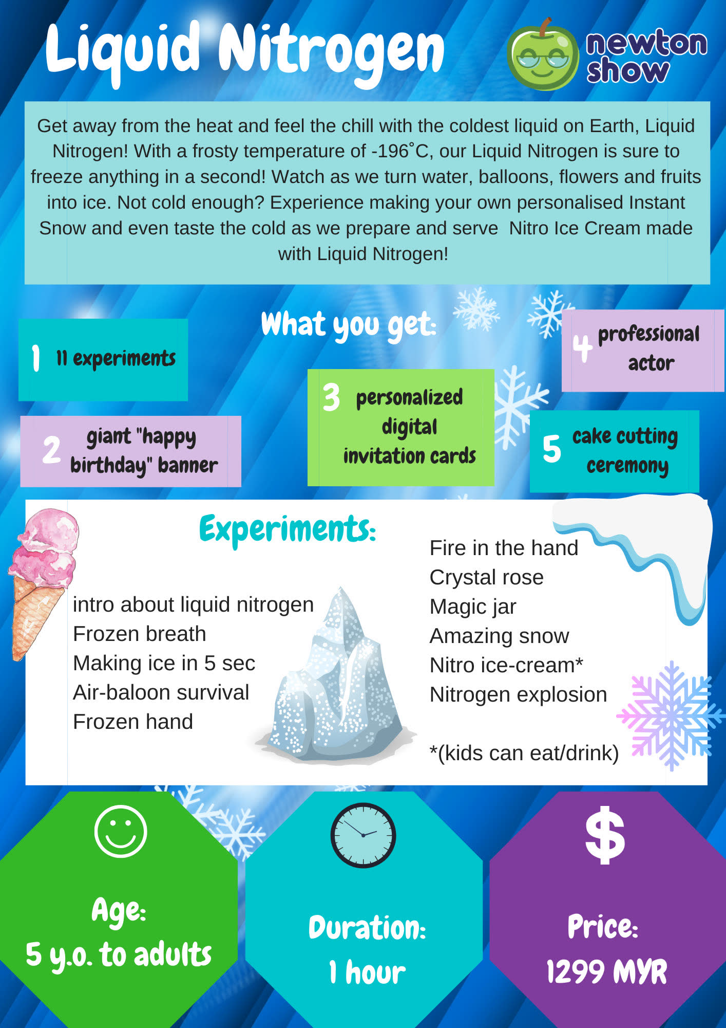 Liquid Nitrogen science birthday party leaflet — page 1