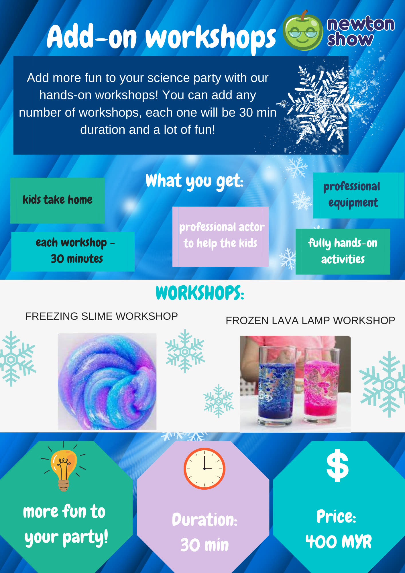 Liquid Nitrogen science birthday party leaflet — page 2 (add-on workshops)