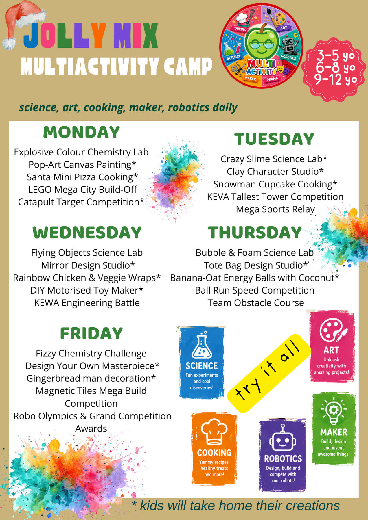 Jolly-Mix Multi-Activity camp leaflet — daily science, art, cooking, maker and robotics activities for Newtonshow Malaysia Winter 2026/27