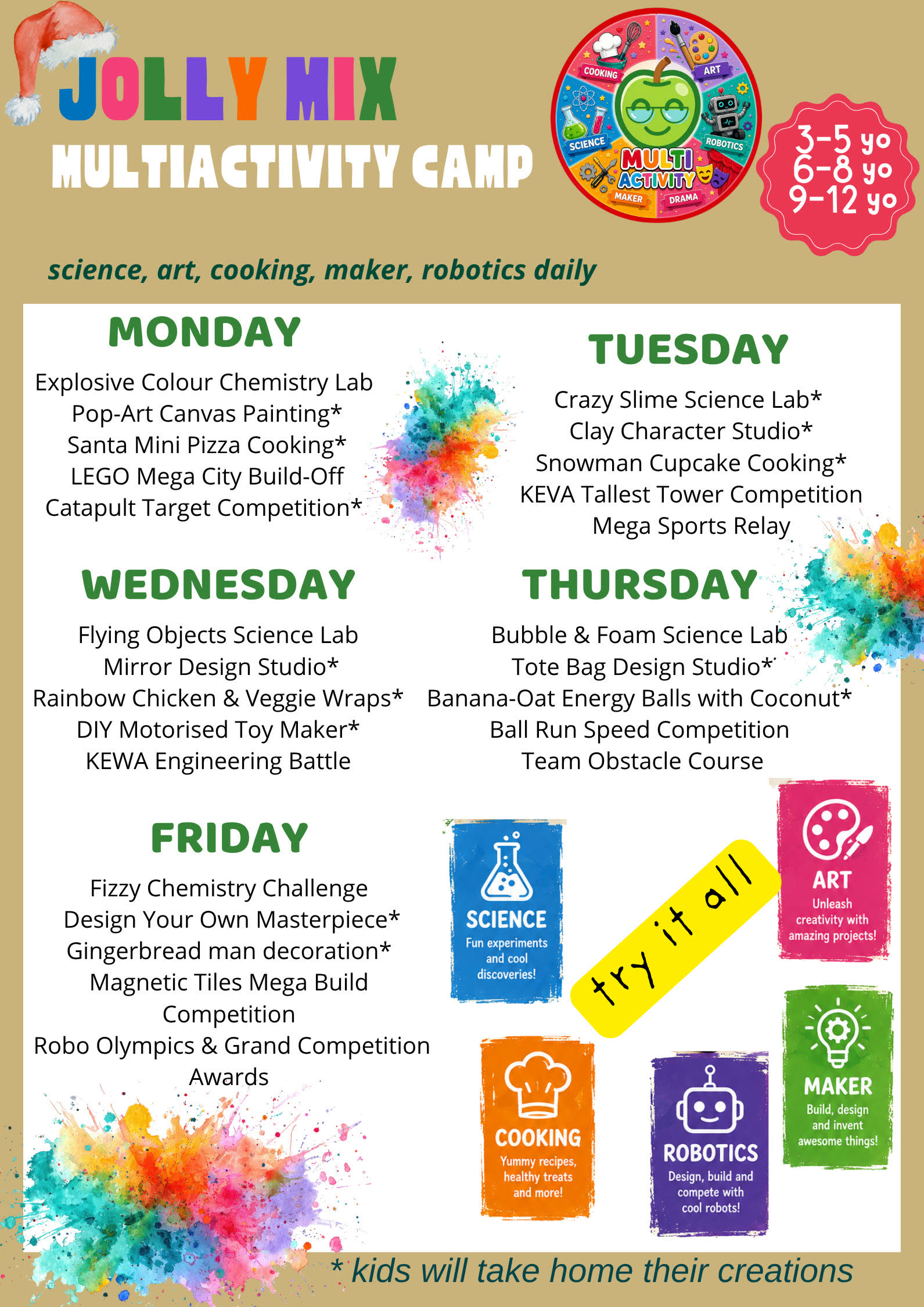 Jolly-Mix Multi-Activity camp leaflet — daily science, art, cooking, maker and robotics activities for Newtonshow Malaysia Winter 2026/27