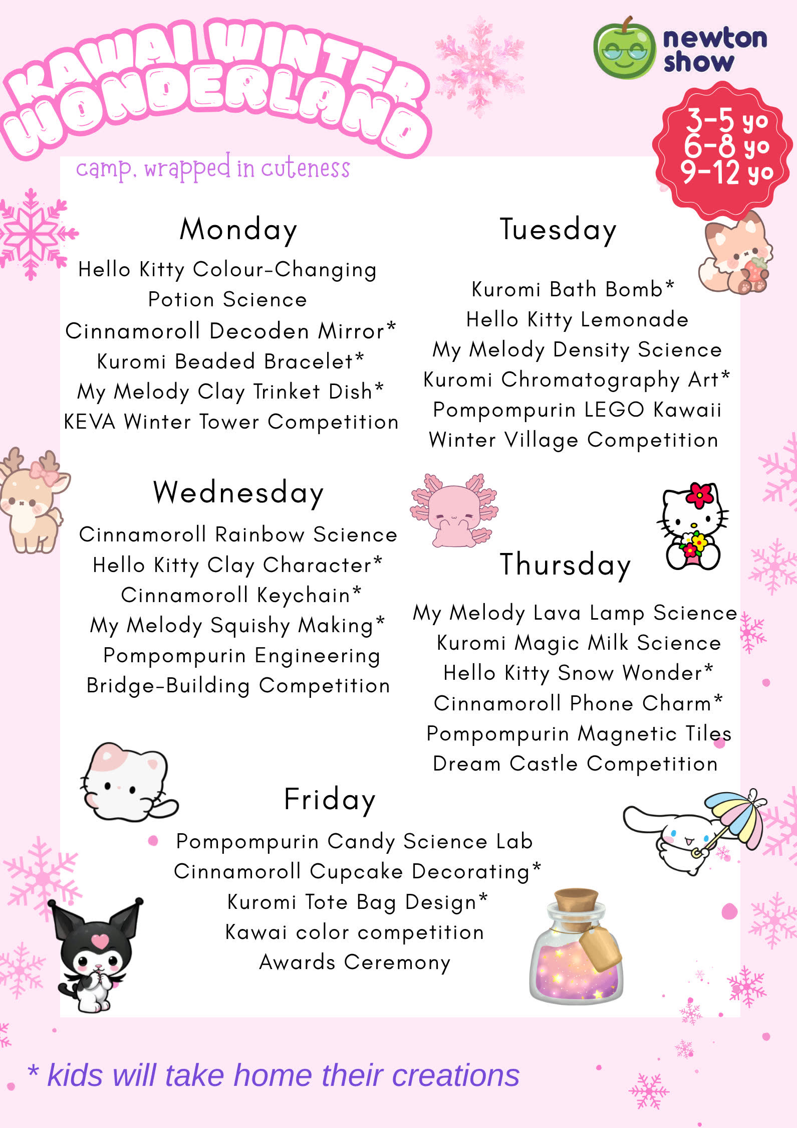 Kawaii Winter Wonderland camp leaflet — daily activities for Newtonshow Malaysia Winter 2026/27