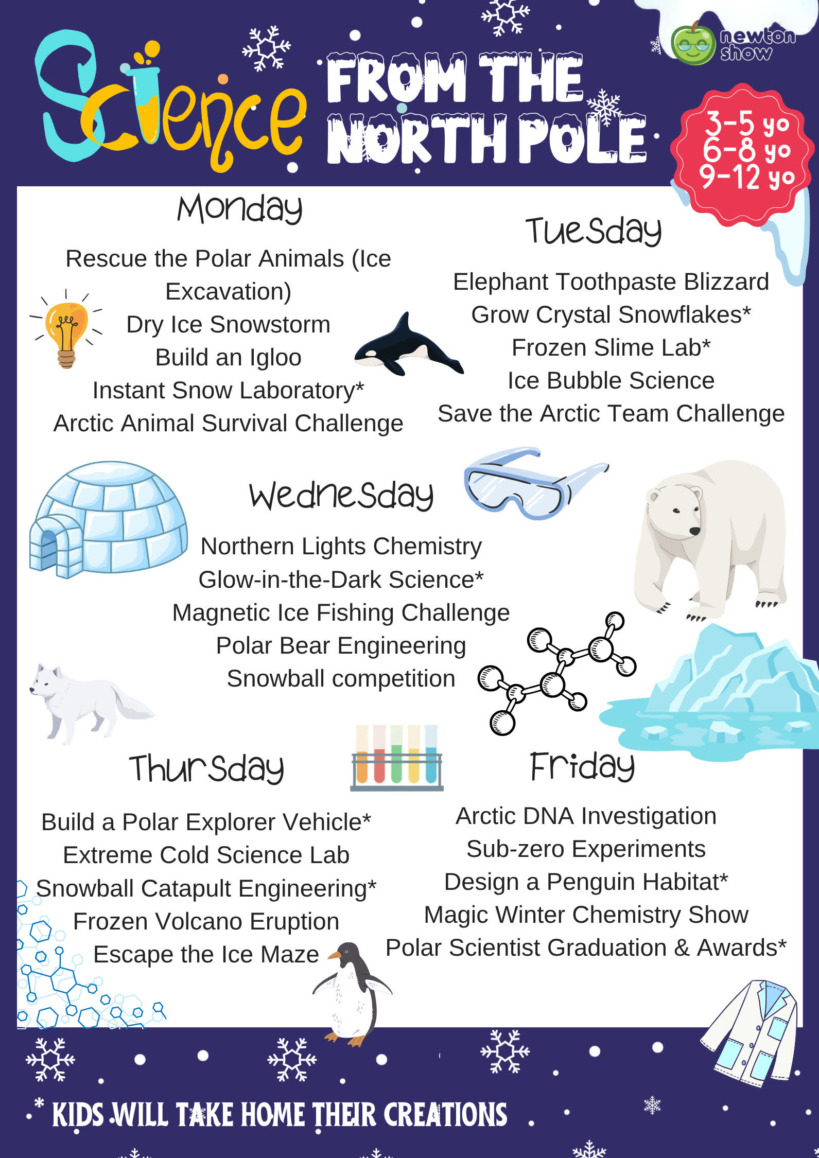 Science from the North Pole winter camp leaflet — daily experiments for Newtonshow Malaysia Winter 2026/27